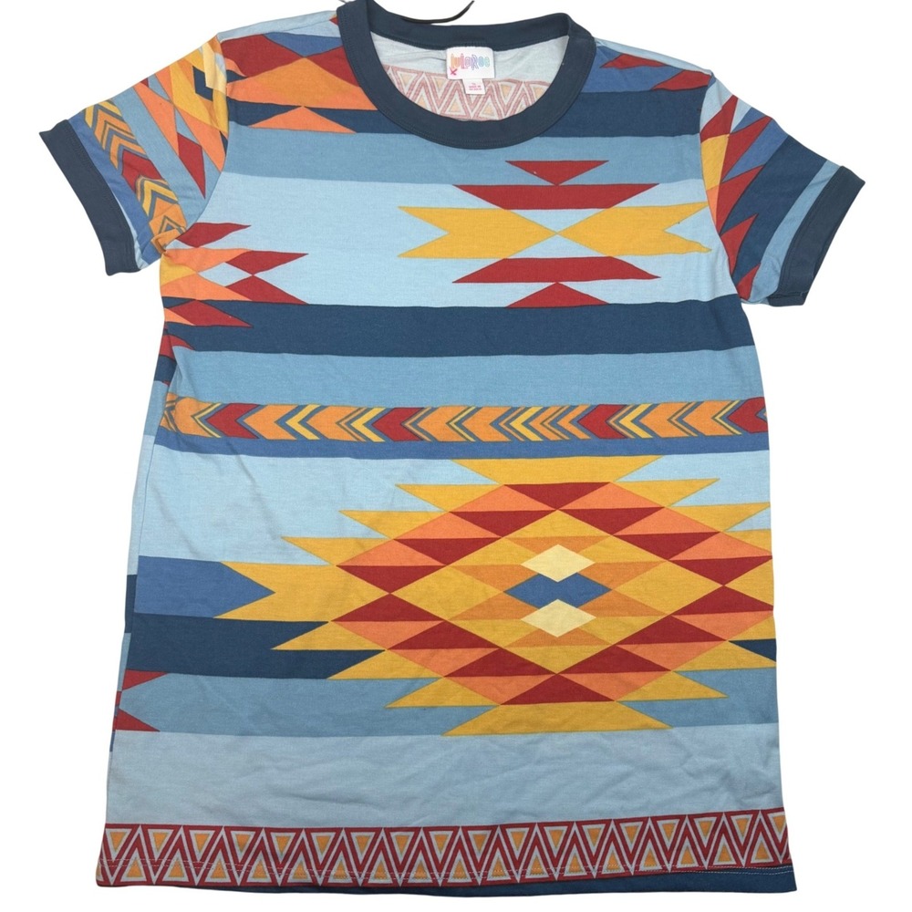 LuLaRoe Randy Tee Women Small Blue Orange Southwestern Aztec Geometric Raglan
